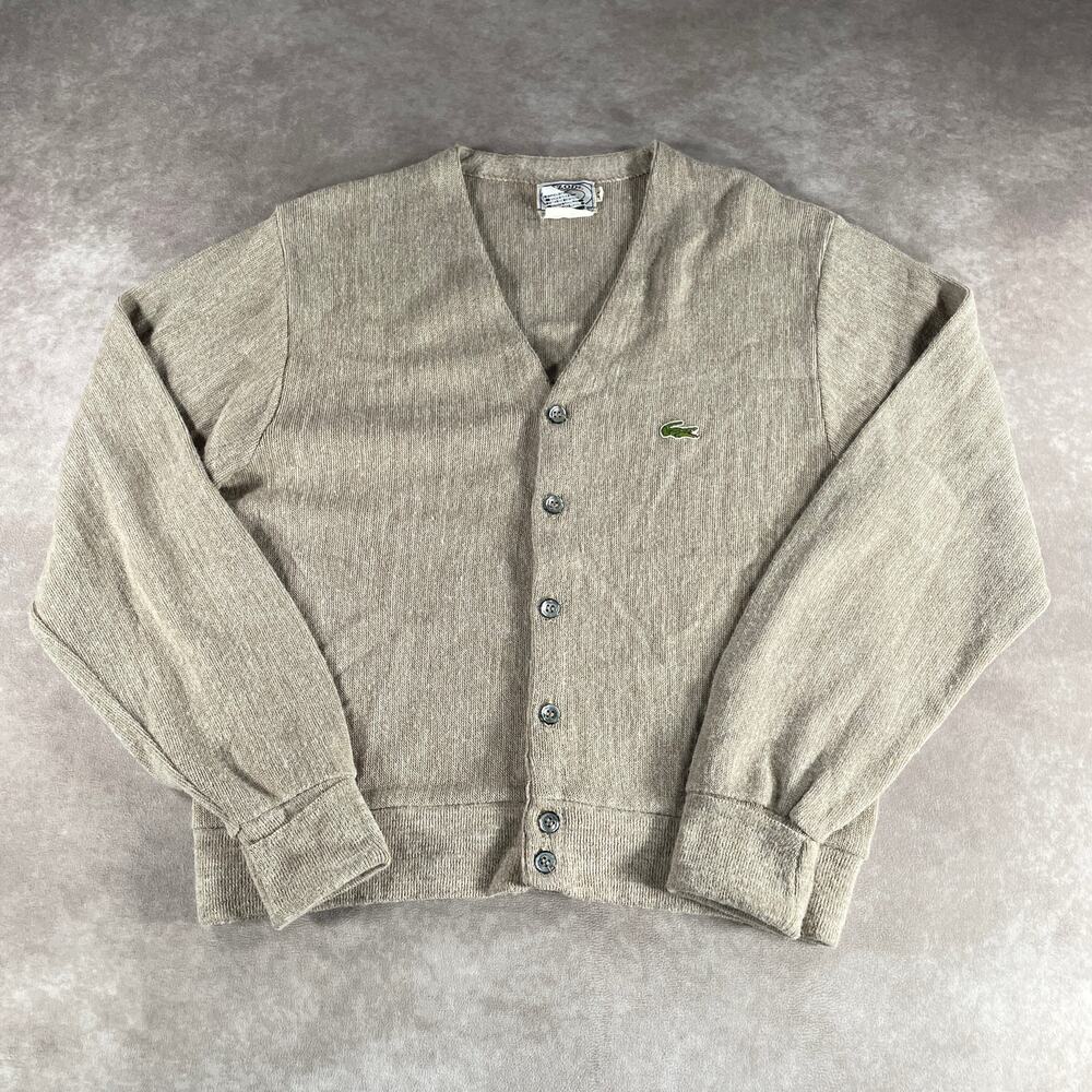 Izod Lacoste Sweater Womens M Oatmeal Cardigan Orlon Acrylic Knit USA 80s VTG